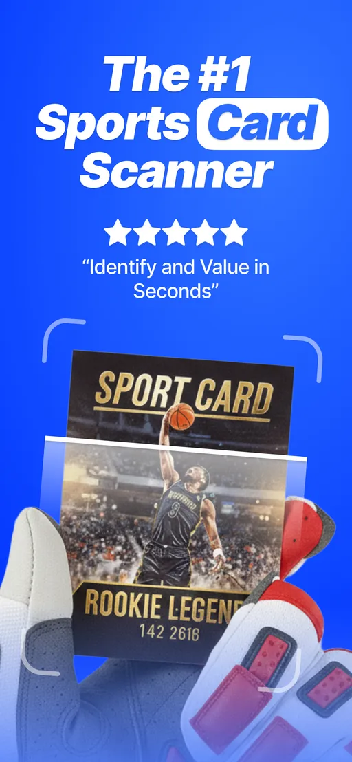 CardSense app screenshot: a hand holds a basketball card inside the scan frame, headline reads The #1 Sports Card Scanner