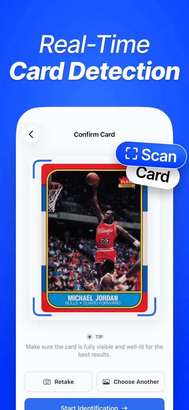 CardSense scanning a 1986 Fleer Michael Jordan card and confirming it in real time