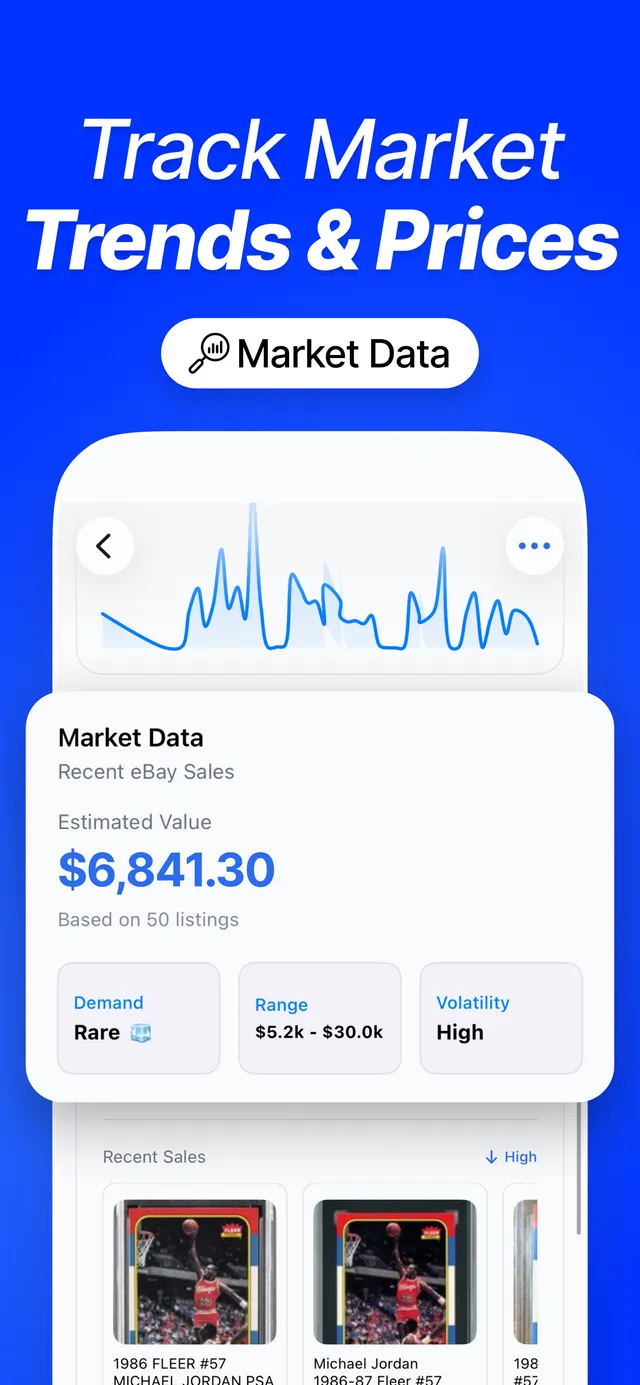 CardSense market data screen showing estimated value, demand, price range, volatility, and recent eBay sales