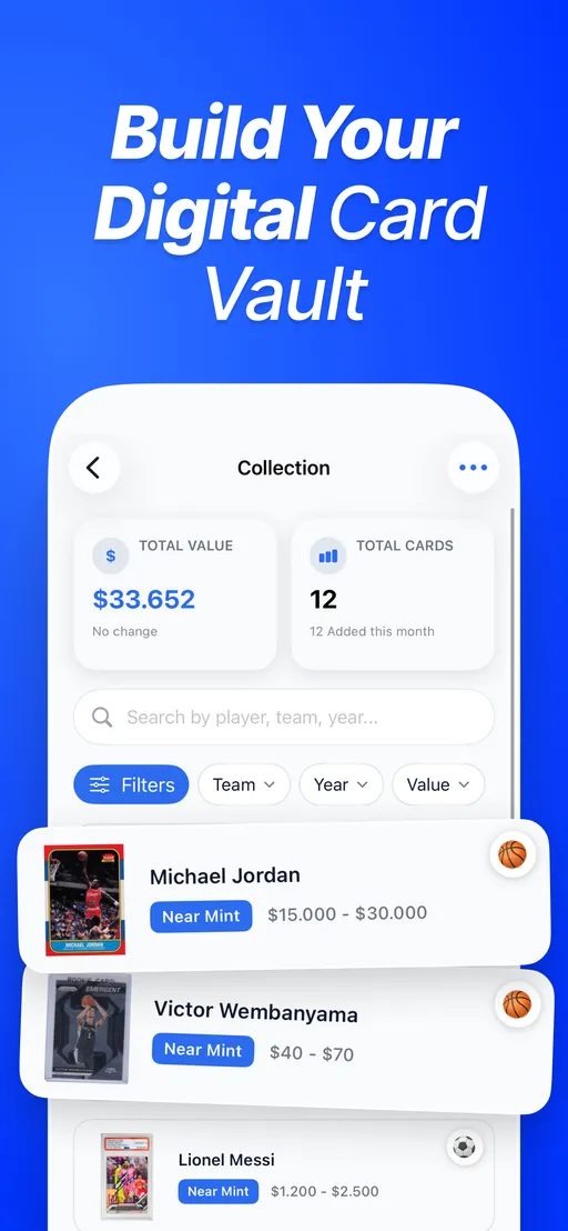 CardSense app screenshot: digital collection with total value, card count, search, and filters by team, year, and value