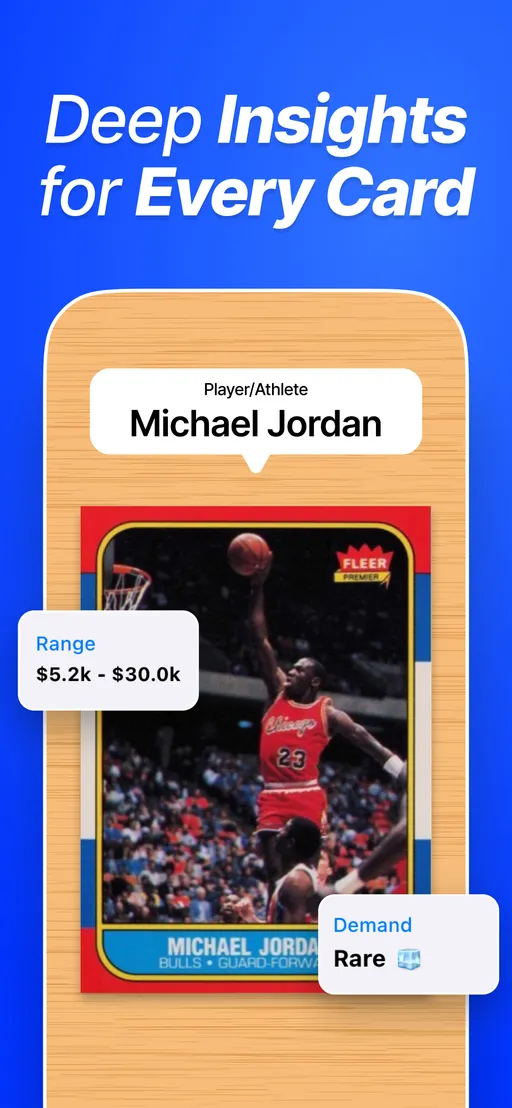 CardSense app screenshot: identified Michael Jordan card with player name, price range, and demand overlays