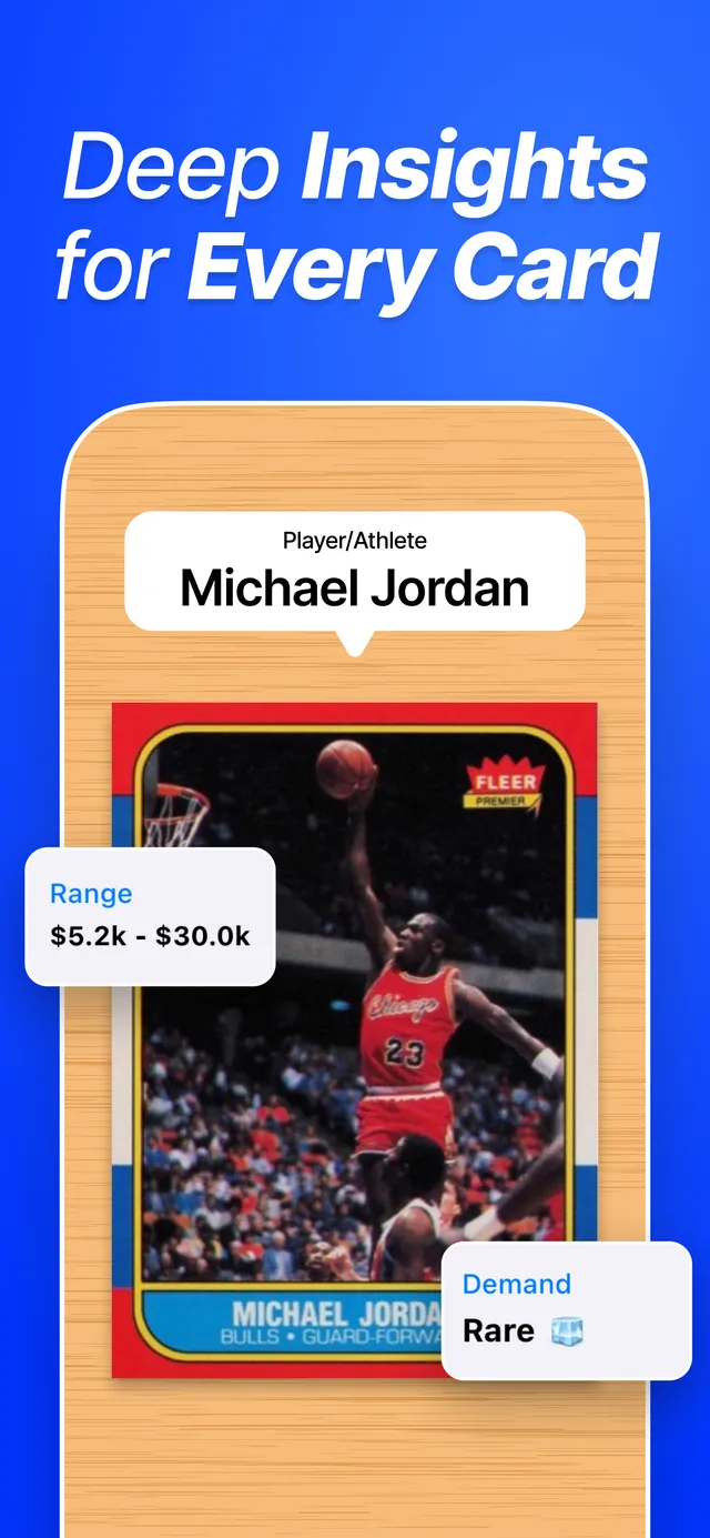 Identified basketball card with player name, price range, and demand overlays