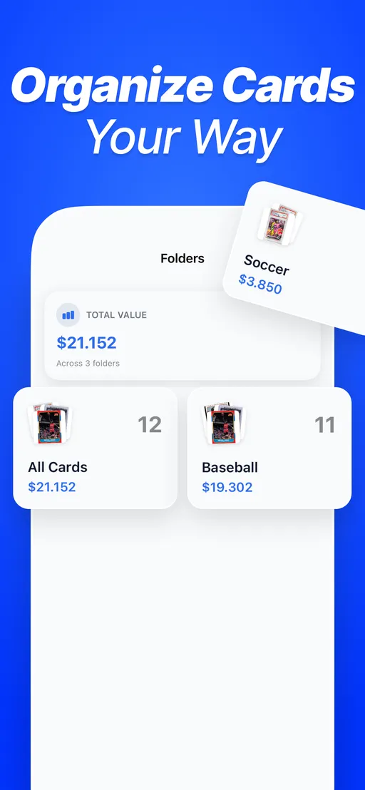 CardSense app screenshot: folders overview with total value across baseball and soccer card folders