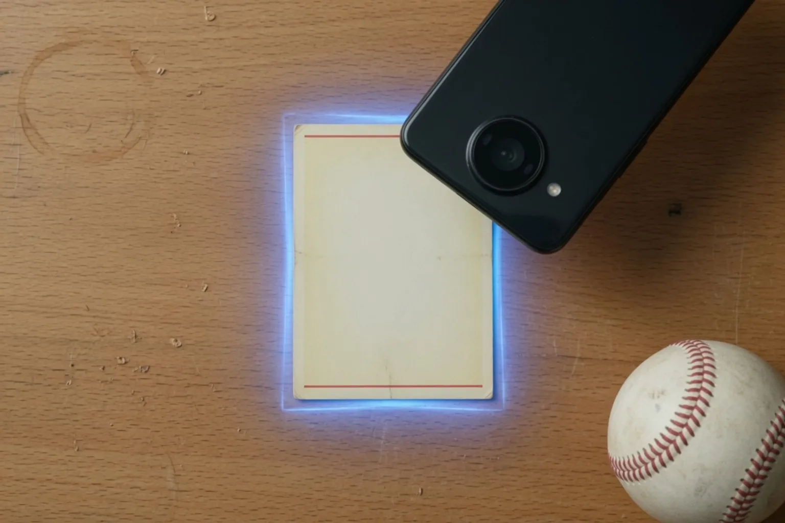 Black phone hovering over a blank cream card with a blue scan glow on a wooden desk, baseball nearby