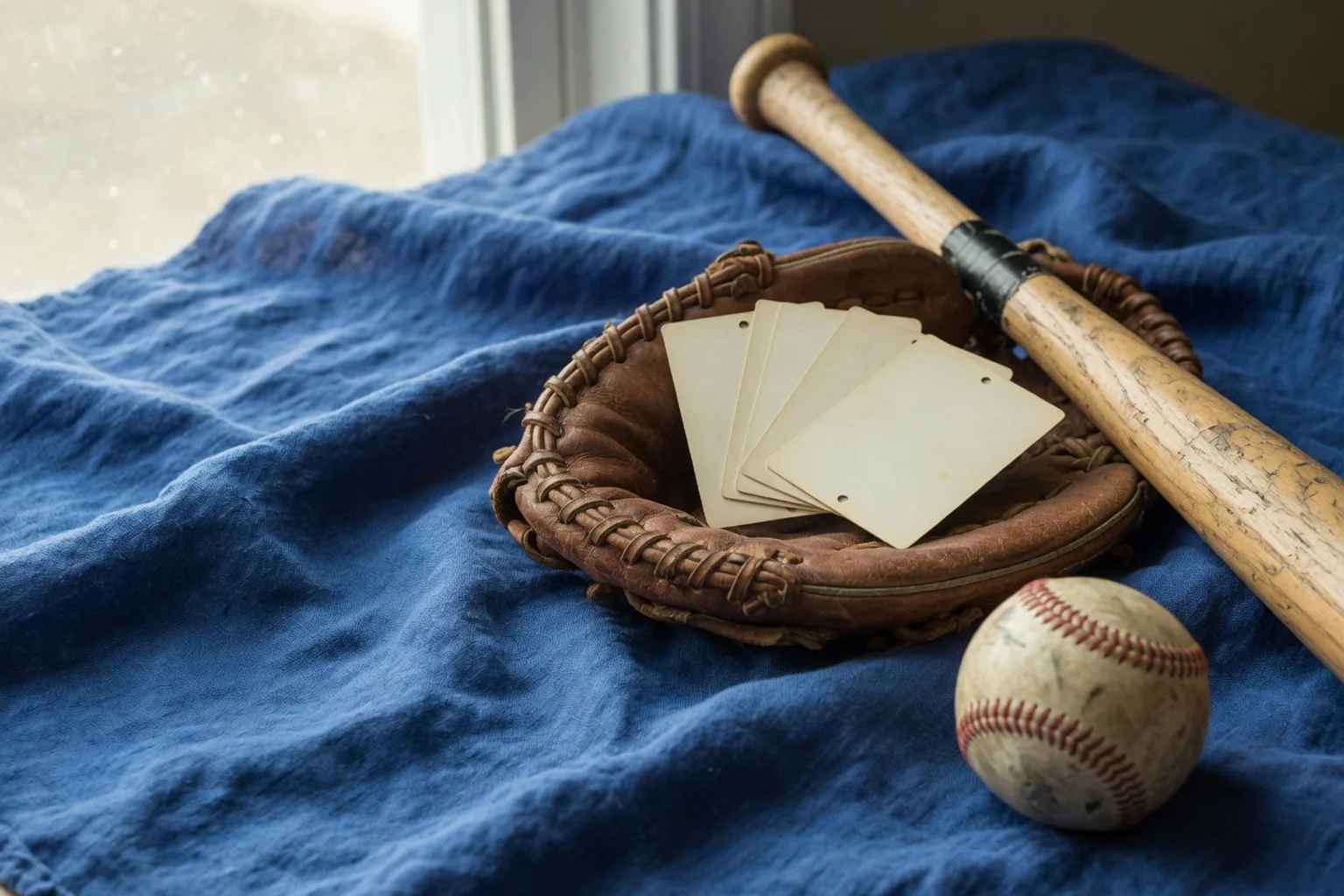 Baseball glove holding blank cards, a wooden bat, and a scuffed baseball on blue linen by a window