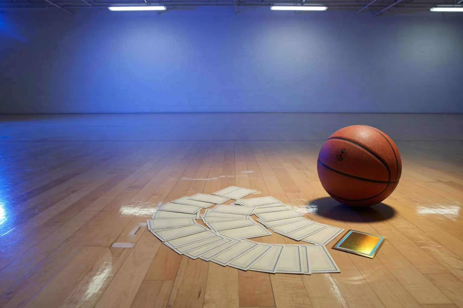Orange basketball on a gym floor next to a fan of face-down cards and a gold foil card