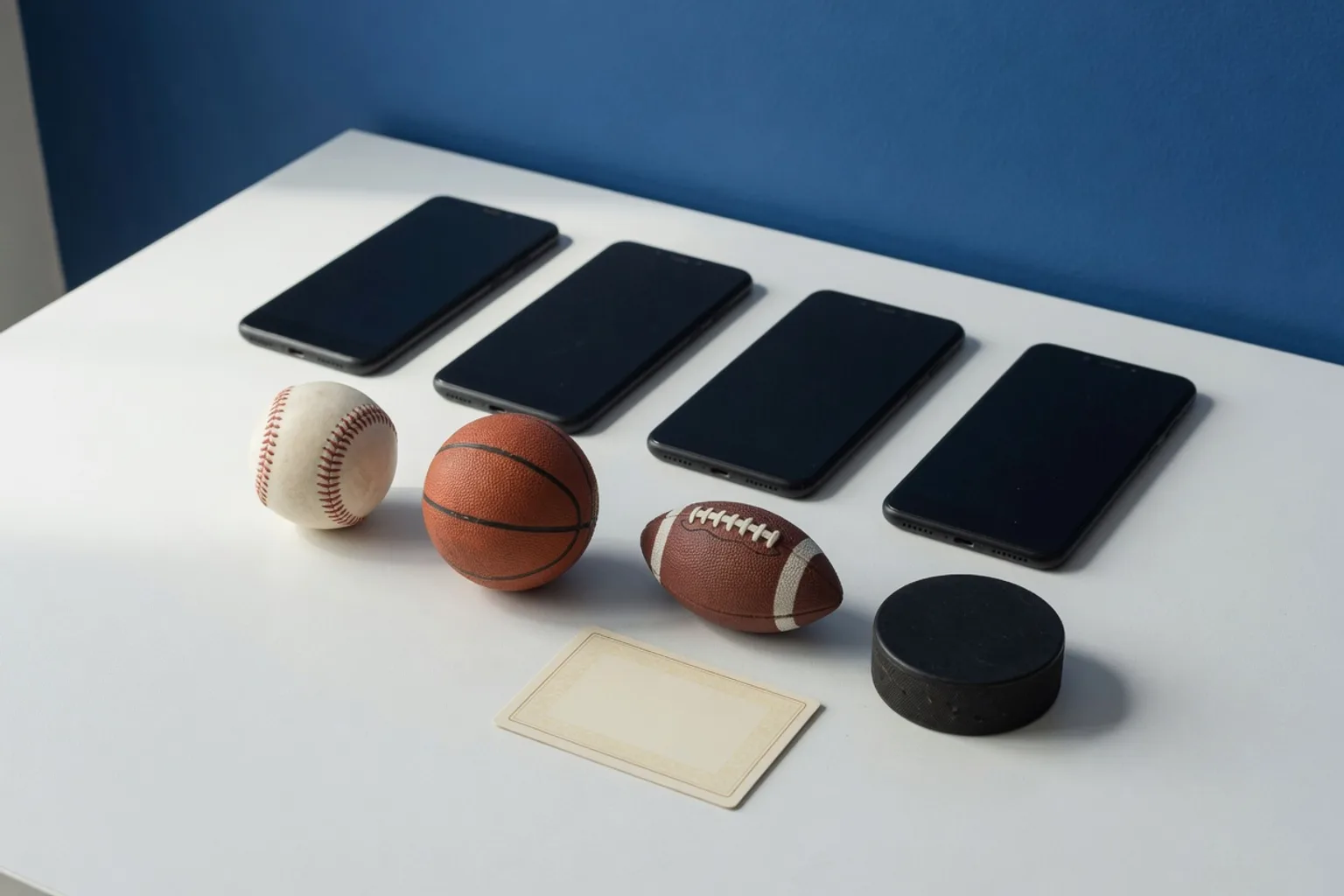 Four black phones face-down on a white table with a baseball, basketball, football, hockey puck, and a blank card