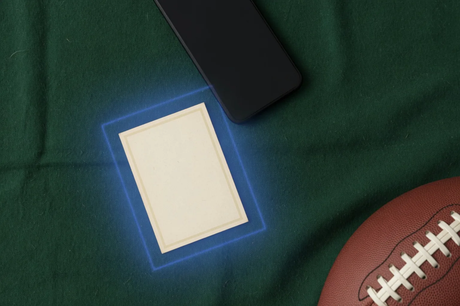 Black phone and a blank card with a blue scan glow on green cloth beside a football