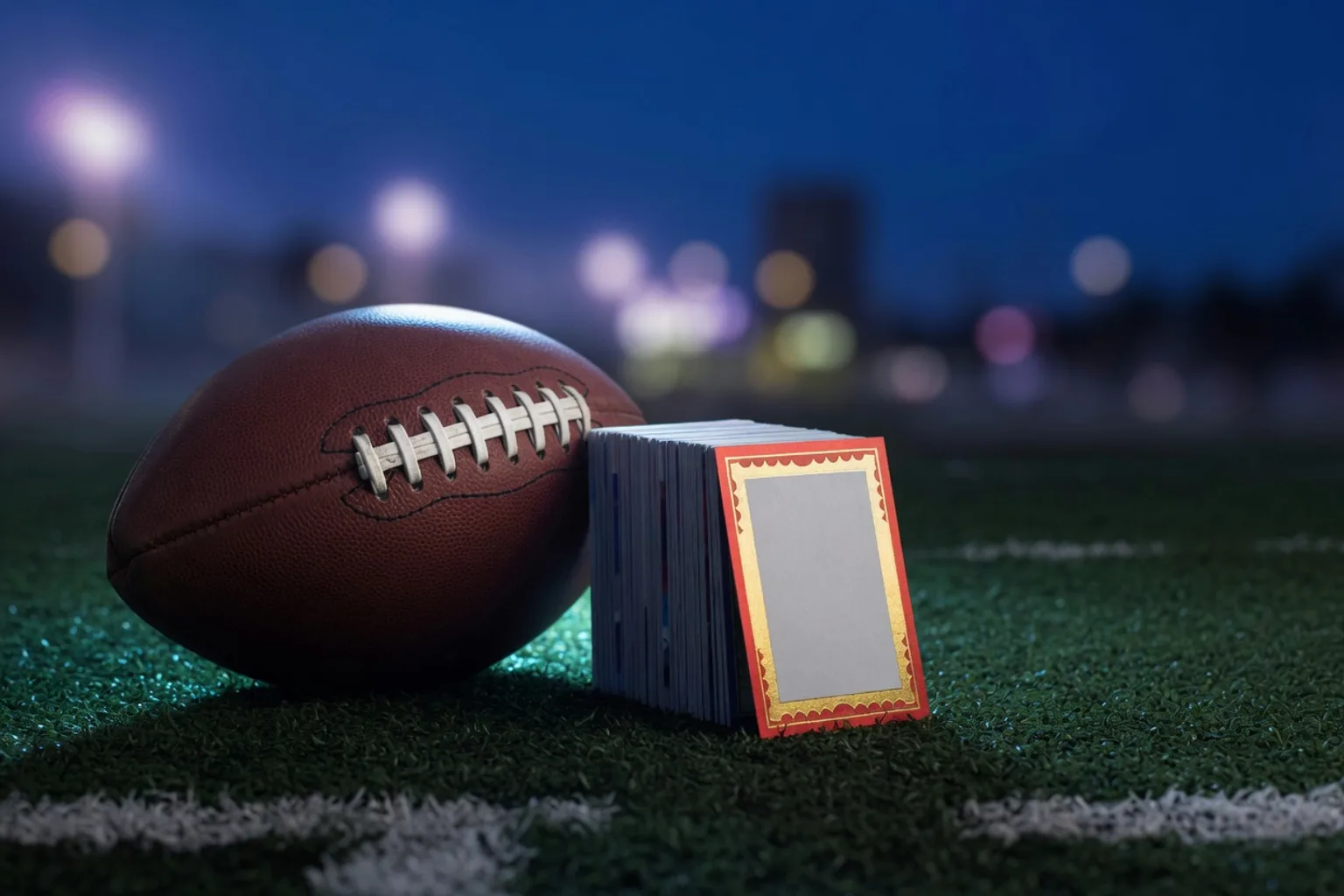 Brown football on night turf beside a stack of red-and-gold bordered cards