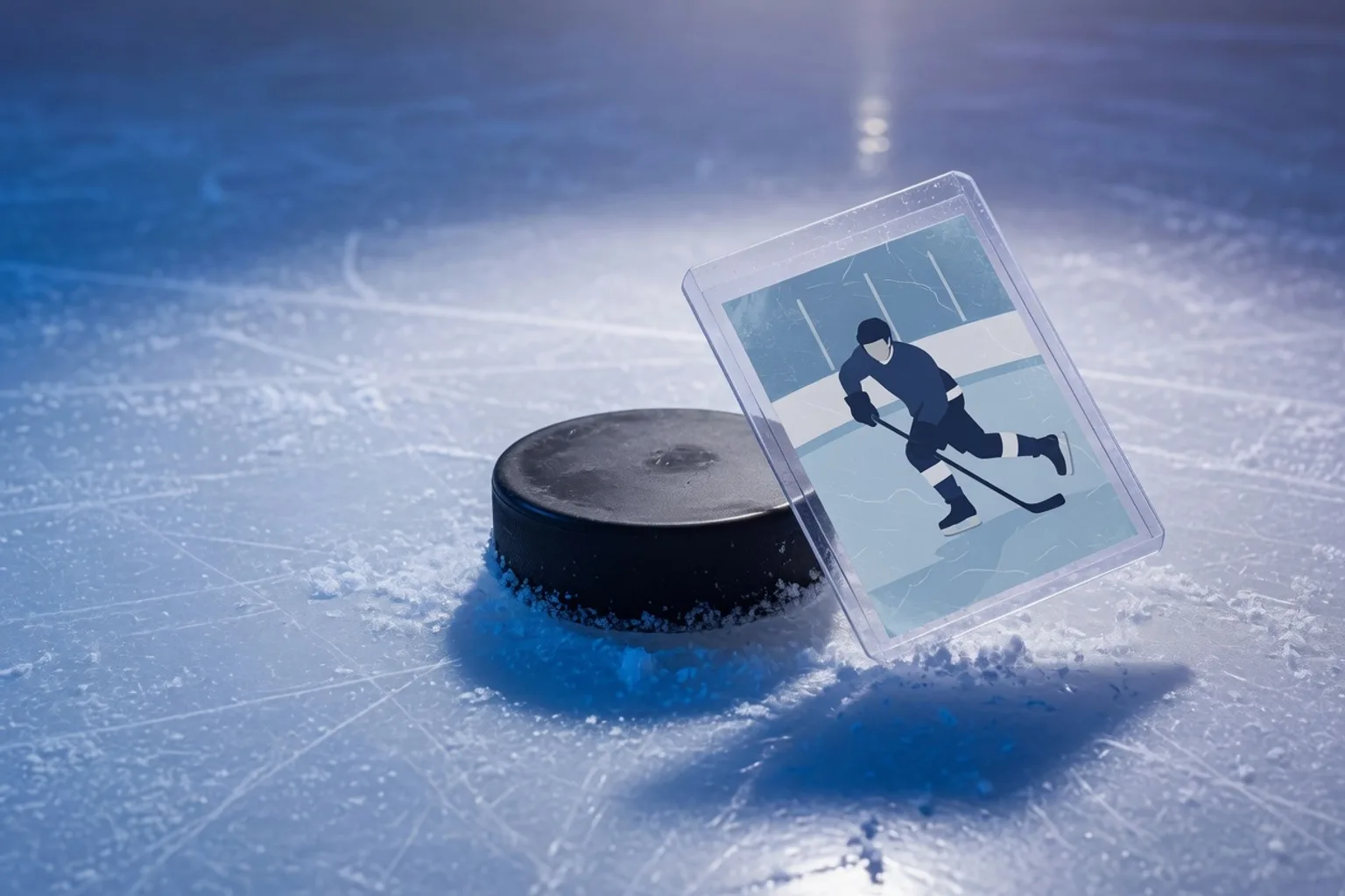 Black hockey puck on ice beside a toploaded card showing a skater silhouette