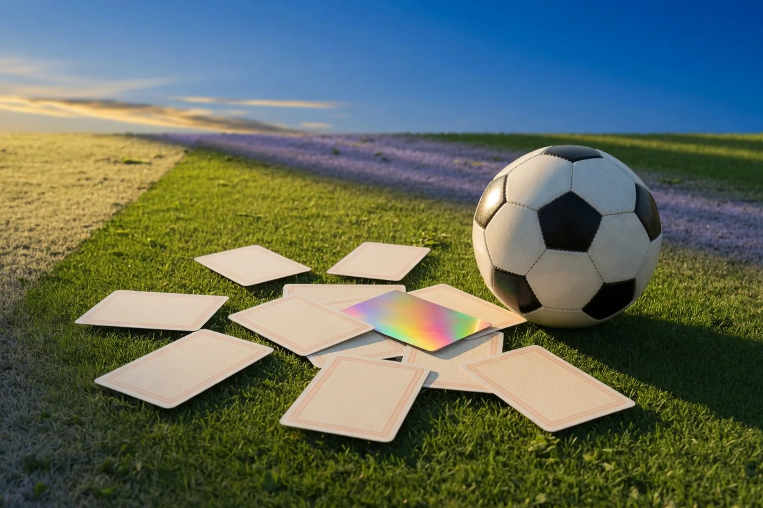 Black-and-white soccer ball on grass at sunset with face-down cards and one rainbow foil card