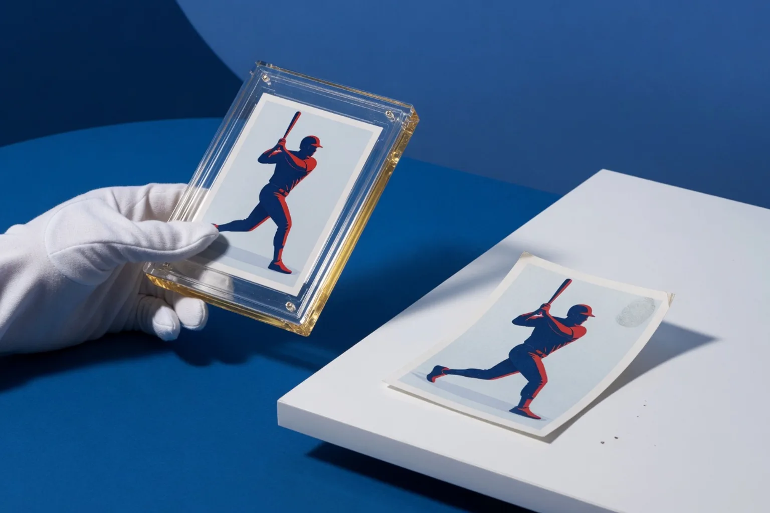 White-gloved hand holding a slabbed silhouette baseball card next to a bent raw copy on a white table