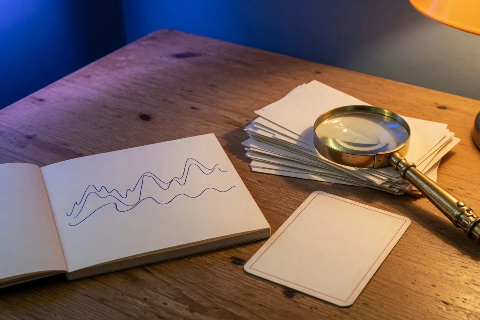 Wooden desk with a blank notepad of wave lines, a brass magnifying glass, a stack of blank slips, and a blank card