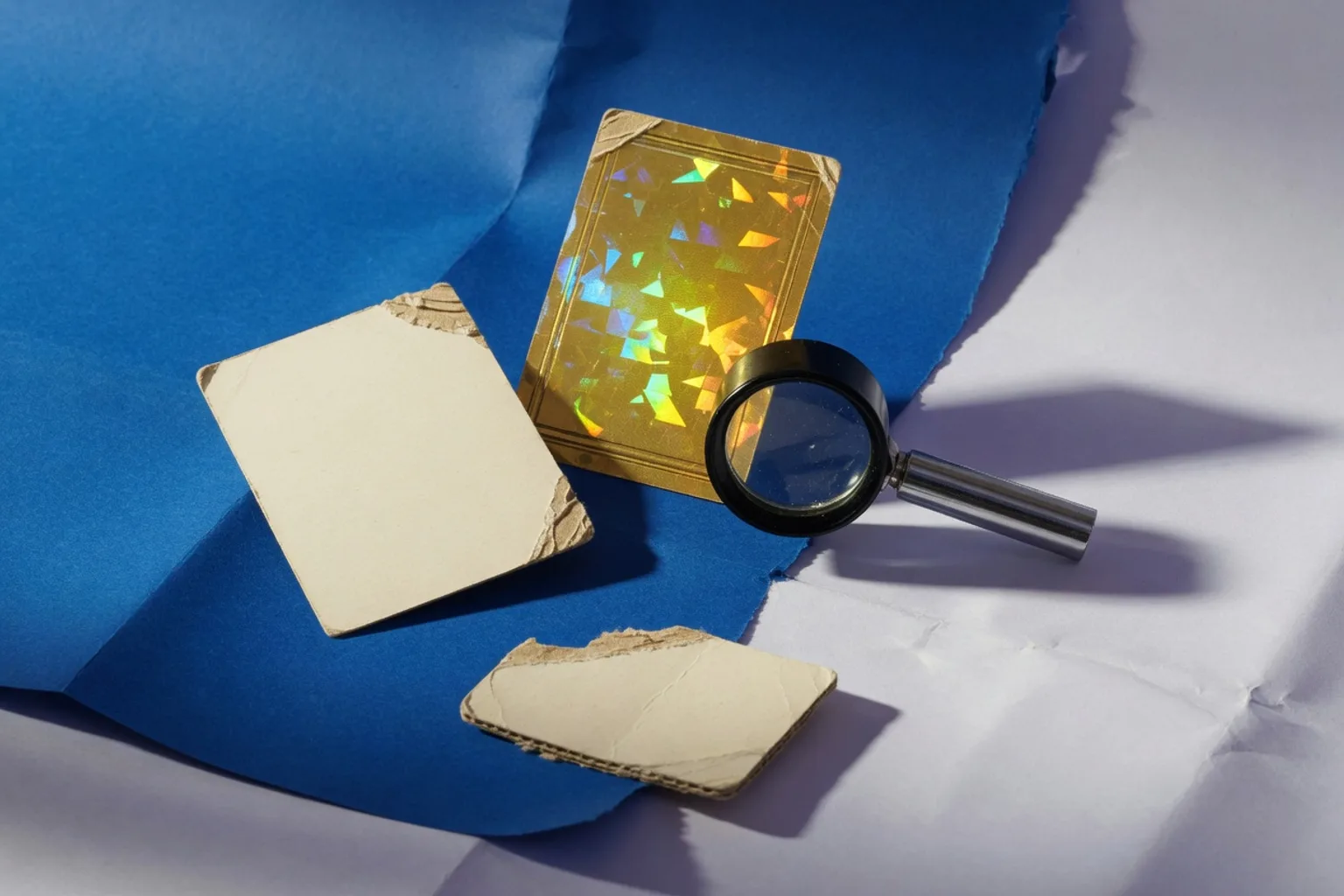 Worn cream trading card, gold holographic card, magnifying loupe, and torn cardboard on torn blue paper