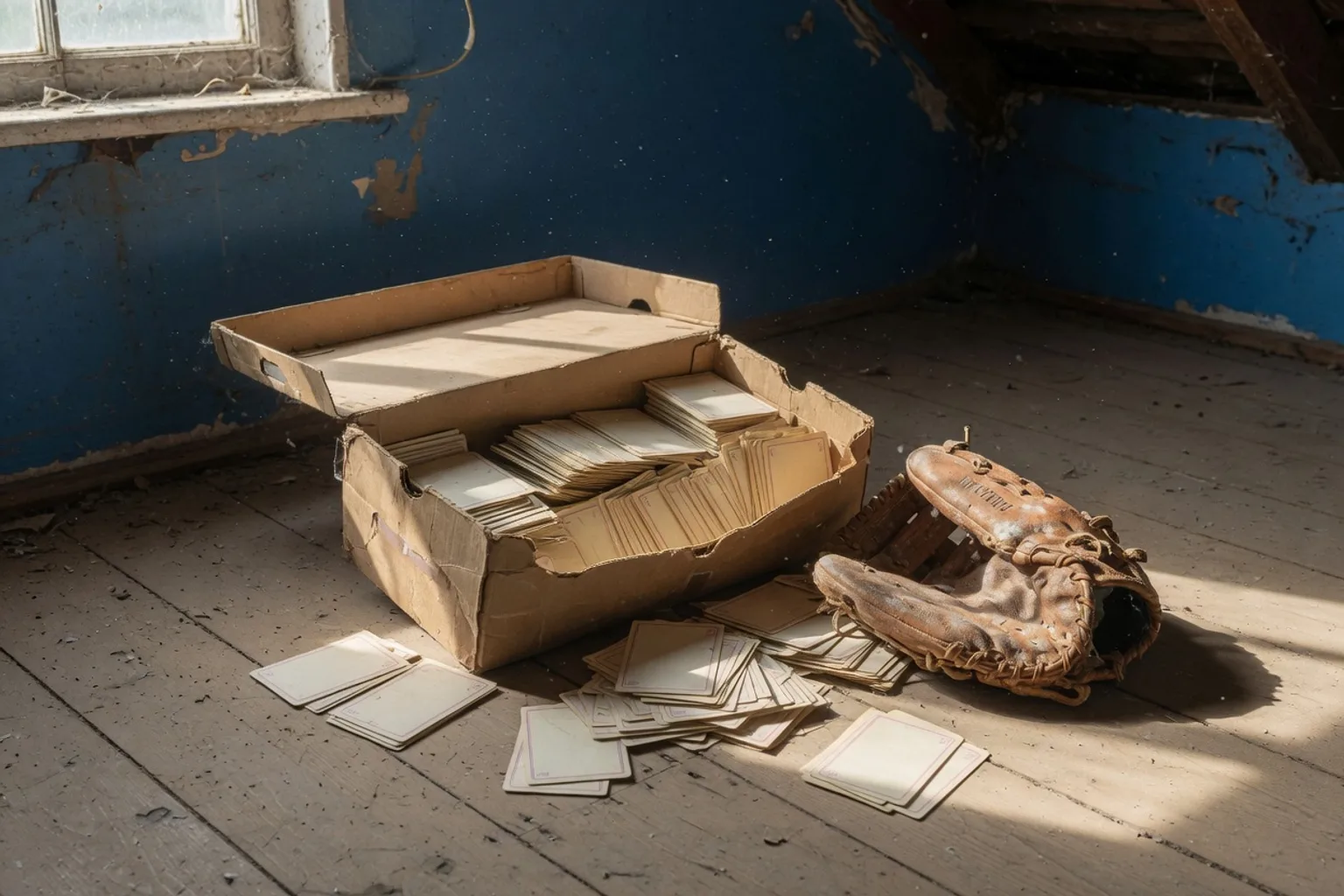 Open cardboard box of face-down trading cards on attic floorboards beside a worn baseball glove